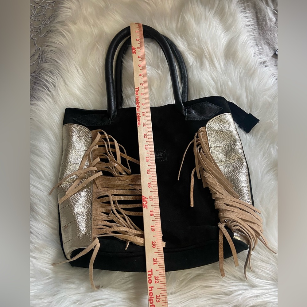 Suede Black and Gold Tote with Tan Fringe - Picture 6 of 9